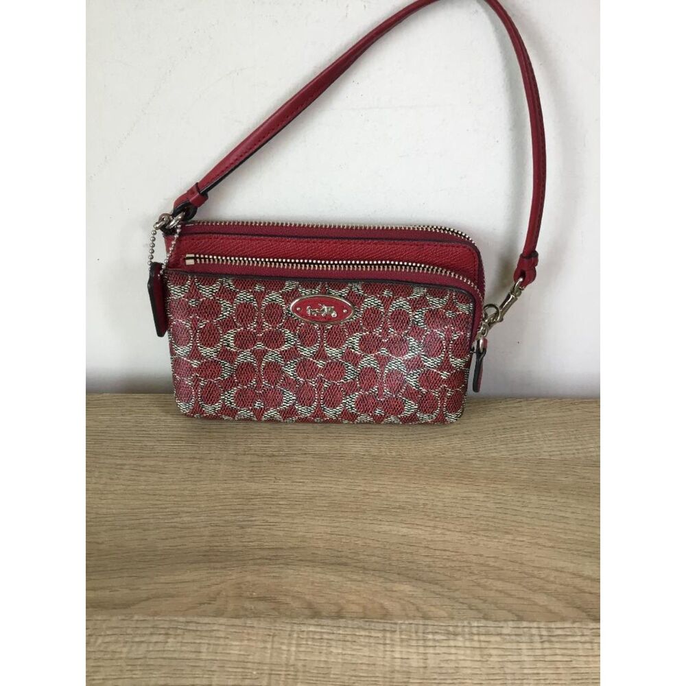 Coach Double Zip Wristlet Red Signature Jacquard w/Leather Trim